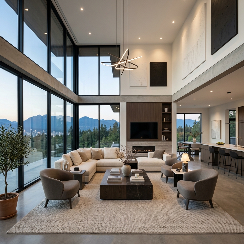 Double height modern living room interior